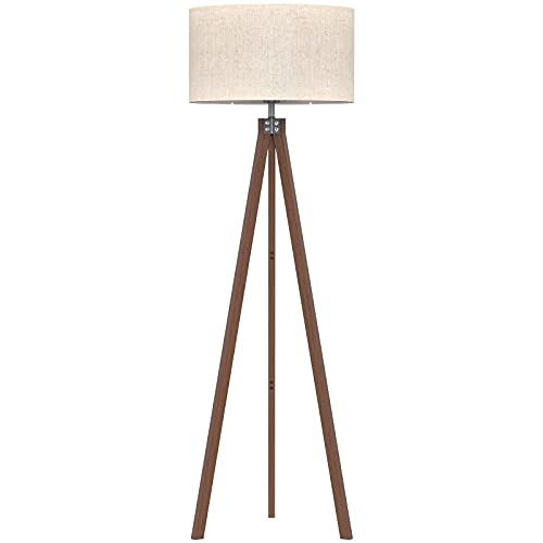 LEPOWER Wood Floor Lamp Tripod, Mid Century Lamps for Living Room, Modern Design Standing Lamp for Bedroom and Office, Flaxen Lamp Shade with E26 Lamp Base