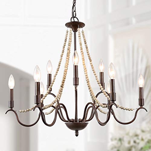 LALUZ Farmhouse Chandelier for Dining Room, 9-Light Rustic Chandelier with Wood Bead Strings, Bronze Metal Arms, 28” L x 25.5” H best lights for the bedroom