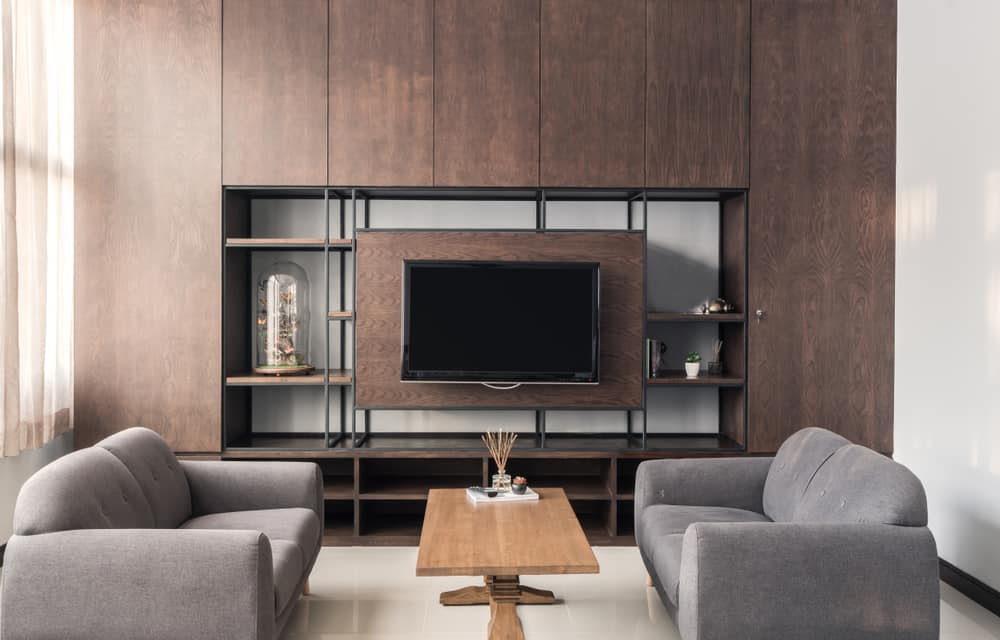wood shelving unit lounge room mounted tv