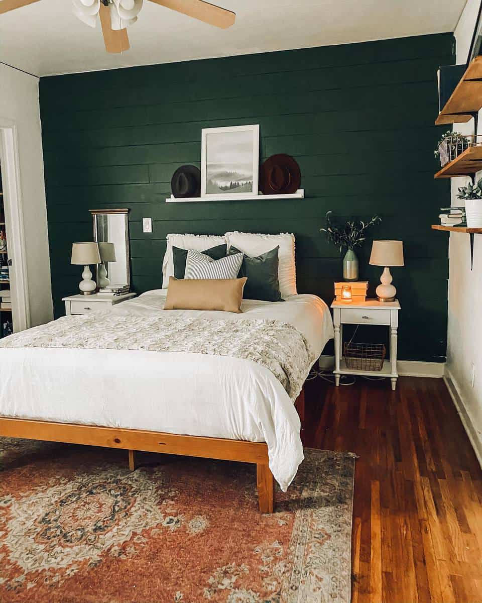 shiplap green accent wall white wall shelf bedside tables wood flooring rug 