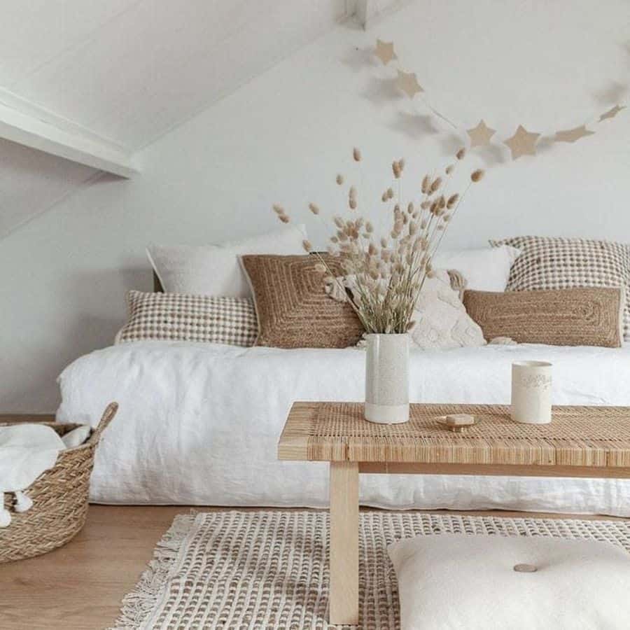 beige attic bedroom with table and basket 
