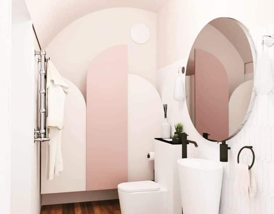 pink and white basement bathroom