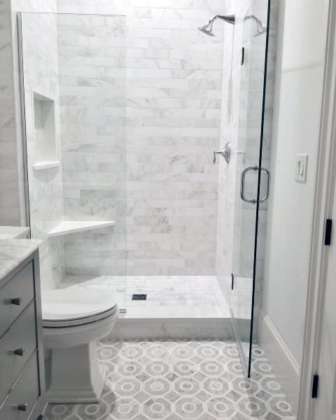 white and grey tile small master bathroom with walk-in shower