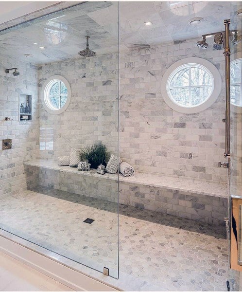 large gray tile shower triple showerhead