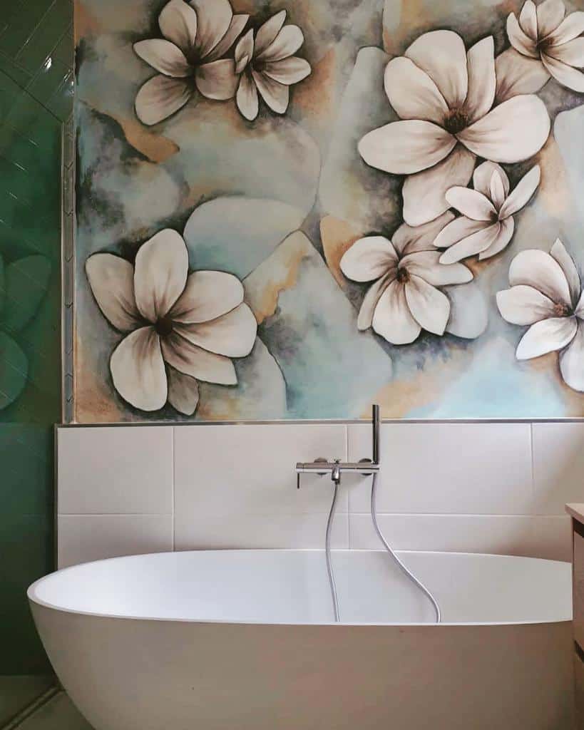 floral mural bathroom white bathtub 