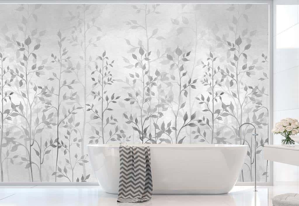 small plant bathroom mural freestanding white tub 