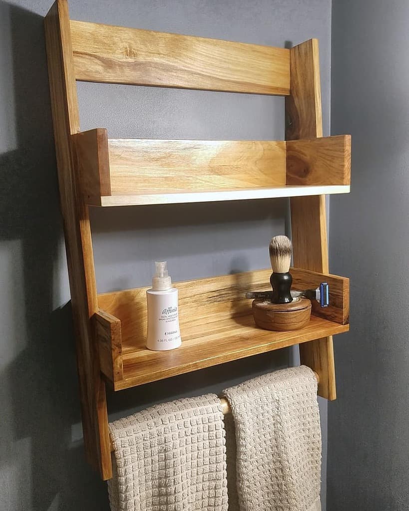 wood bathroom wall shelf hanging towels shaving kit