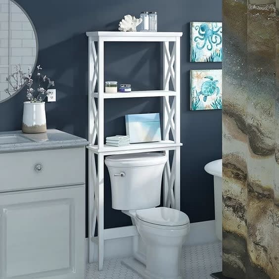 blue accent wall with white toilet and storage 
