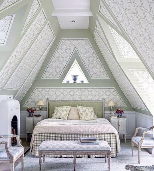 high ceiling attic green pattern wallpaper fireplace 