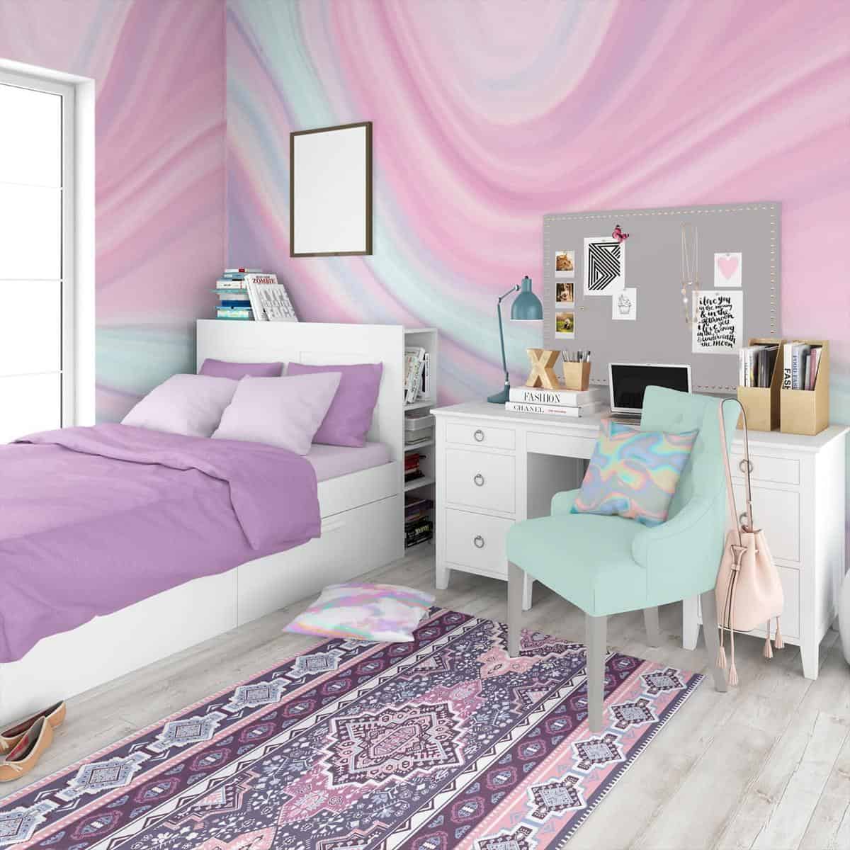 girls room with swirly purple and pink accent wall 