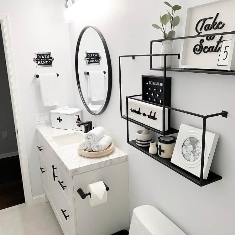 black and white bathroom decorative steel shelves and storage black accent mirror