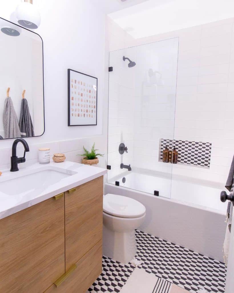 black and white floor tile modern bathroom wood vanity 