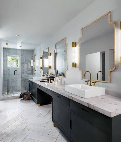 black vanity cabinets with gold mirrors master bathroom