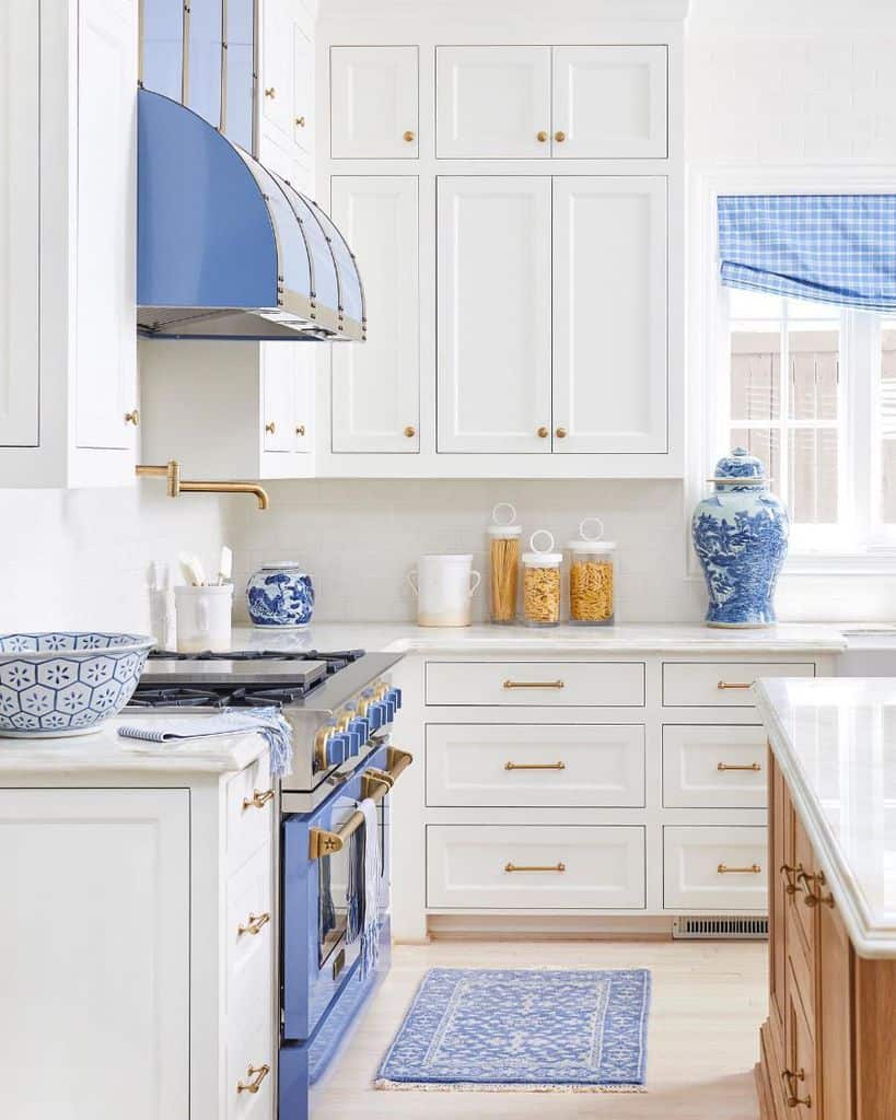 blue and white french country kitchen gold accents china jars