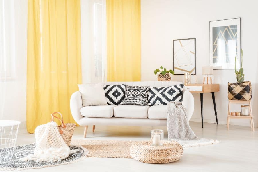 yellow curtains white sofa modern living room 