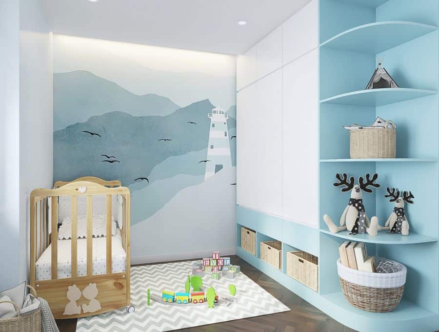 blue baby boy's room with feature wall