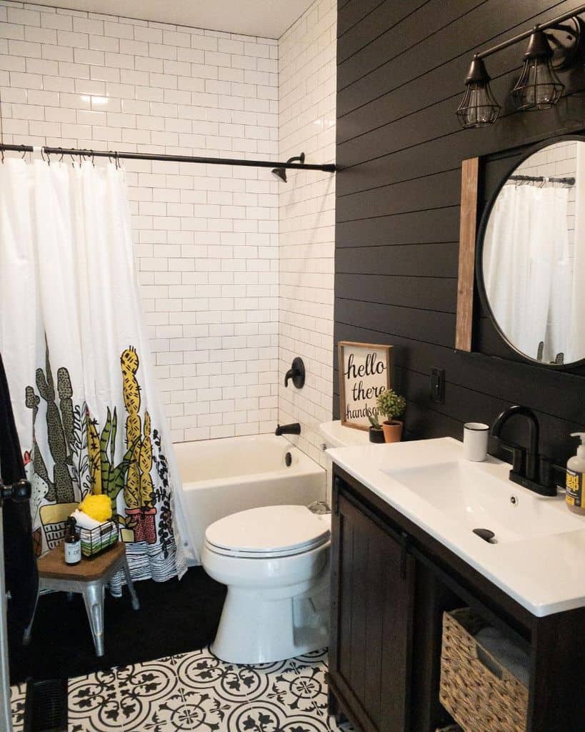 white tile shower black shiplap wall and vanity modern bathroom cactus shower curtain 