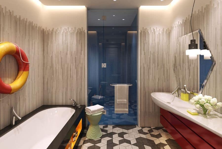 funky designer bathroom black tub gray floor tiles life preserver art 