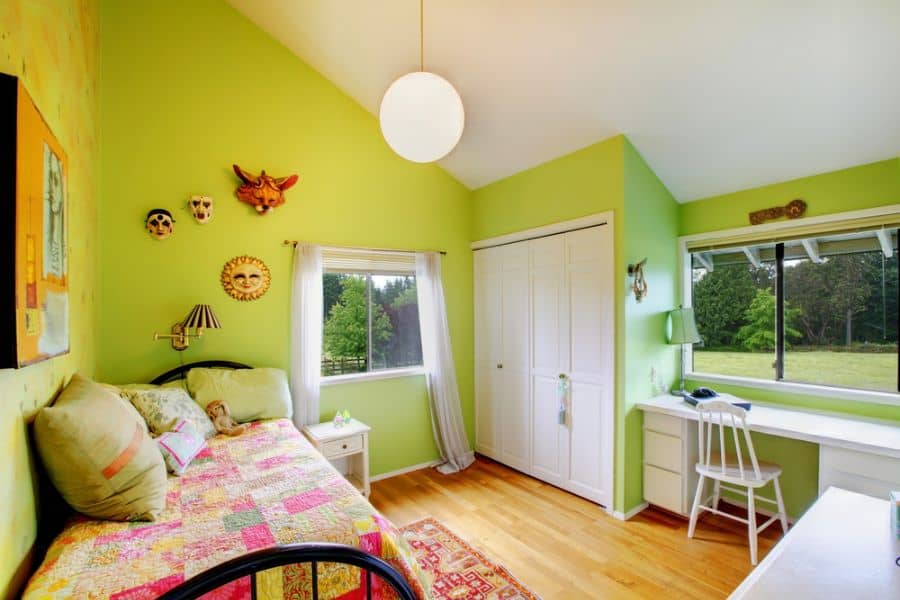 green bedroom single bed built in closet