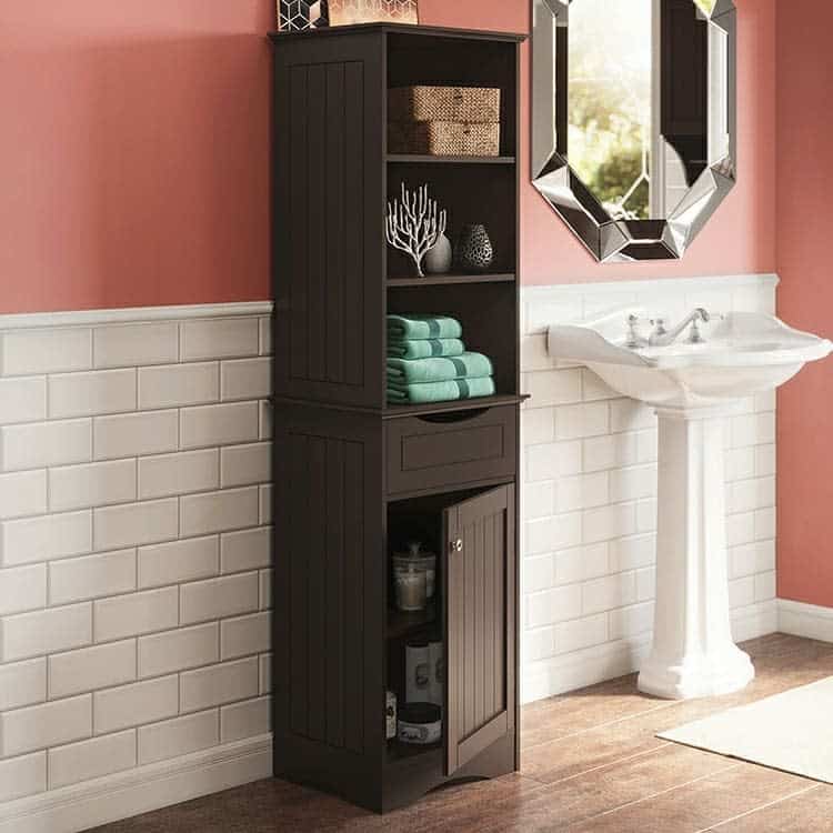 tall brown bathroom cabinet drawers