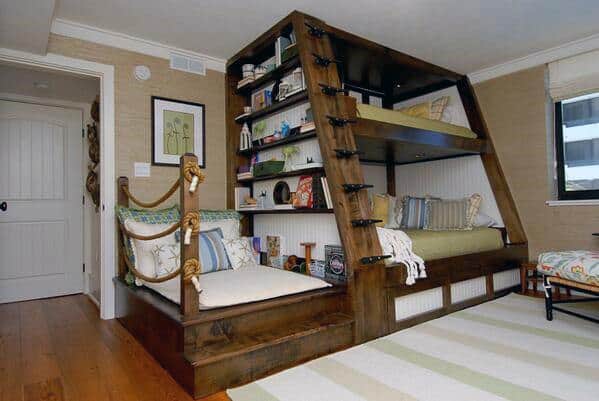 wooden bunk bed with seating and shelving 