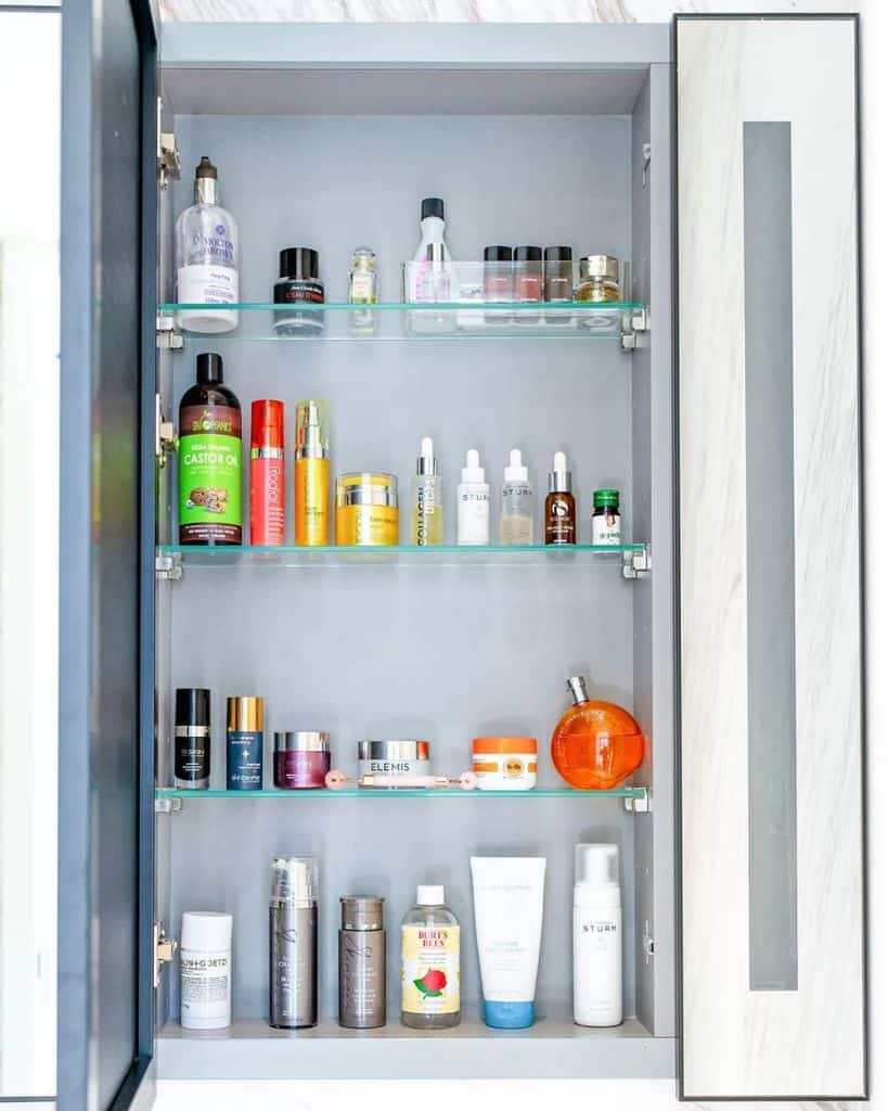 bathroom cupboard with body and hair products