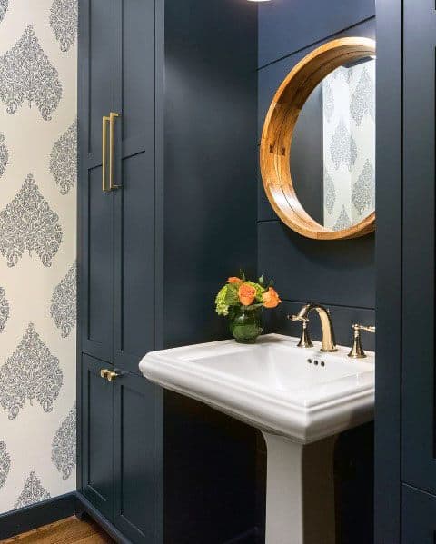 blue bathroom cabinets wood mirror 