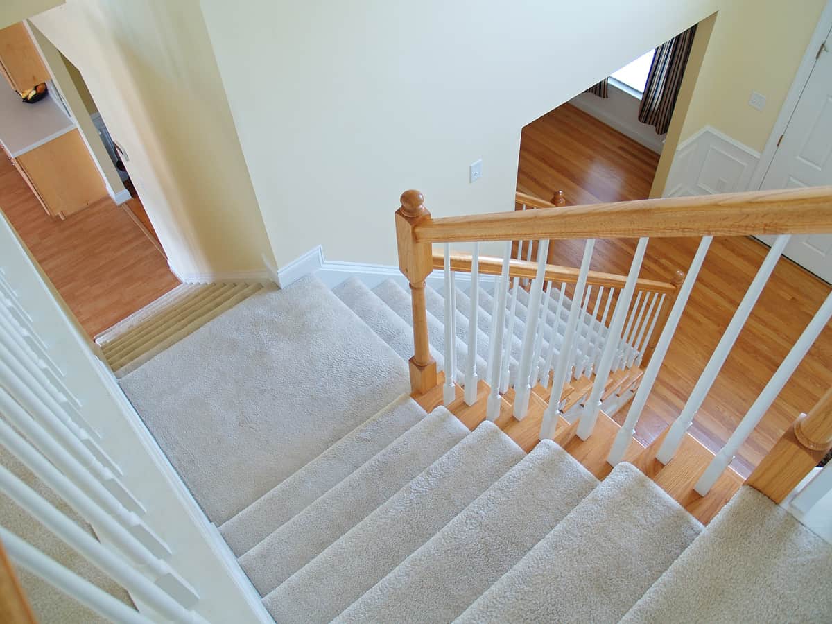 wood staircase with white carpet