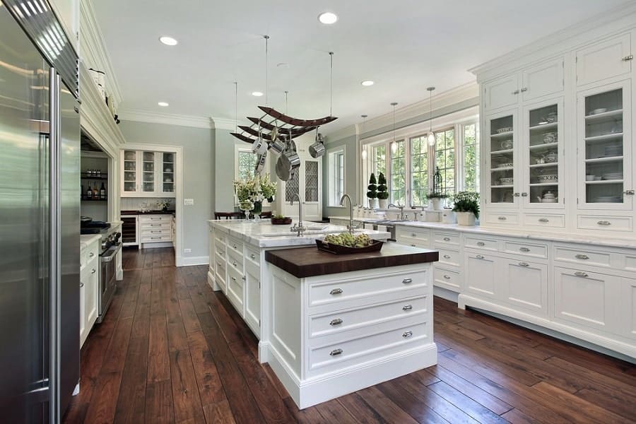 large country white kitchen ceiling storage hardwood floors 