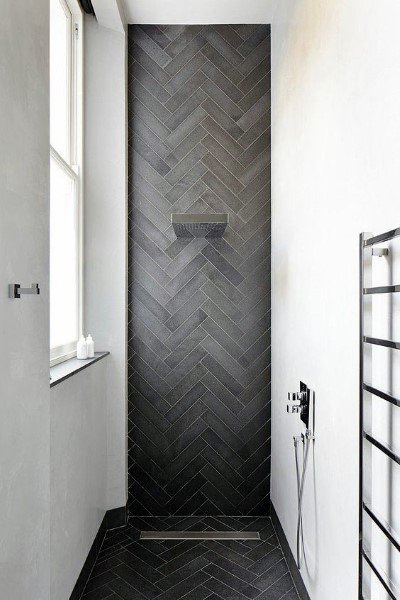 cool small shower with gray tiles 