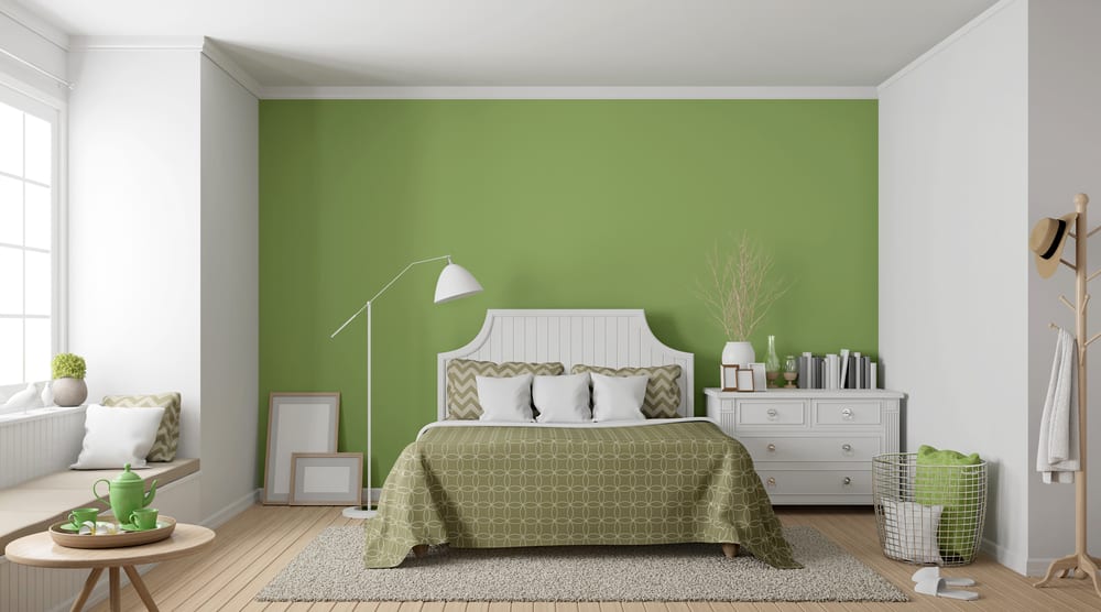 modern bedroom green accent wall white bed frame and cabinets green tea set hat track 
