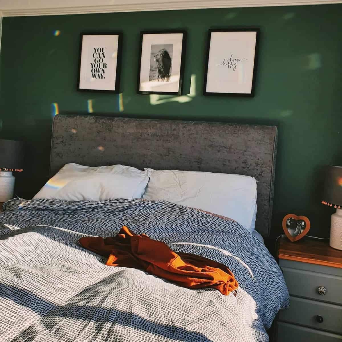 green wall bedroom gray bed framed wall art