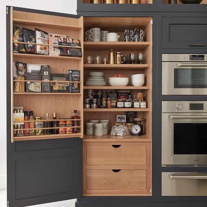 built-in gray kitchen cabinet with dual ovens