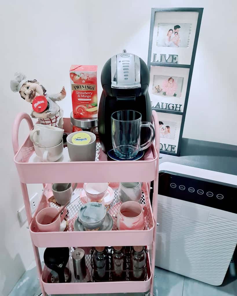 pink tea and coffee bar cart