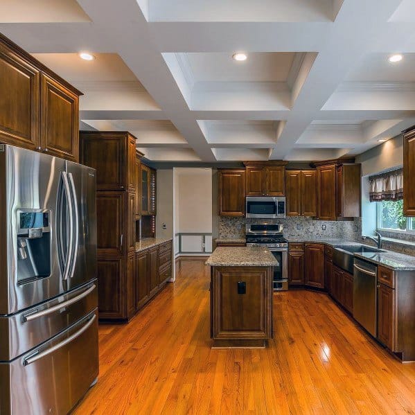 Coffered Drywall Simple Kitchen Ceiling Ideas With Wood Cabinets And Hardwood Floors