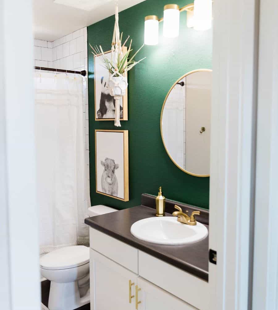 modern bathroom green feature wall framed animal artwork gold accents 
