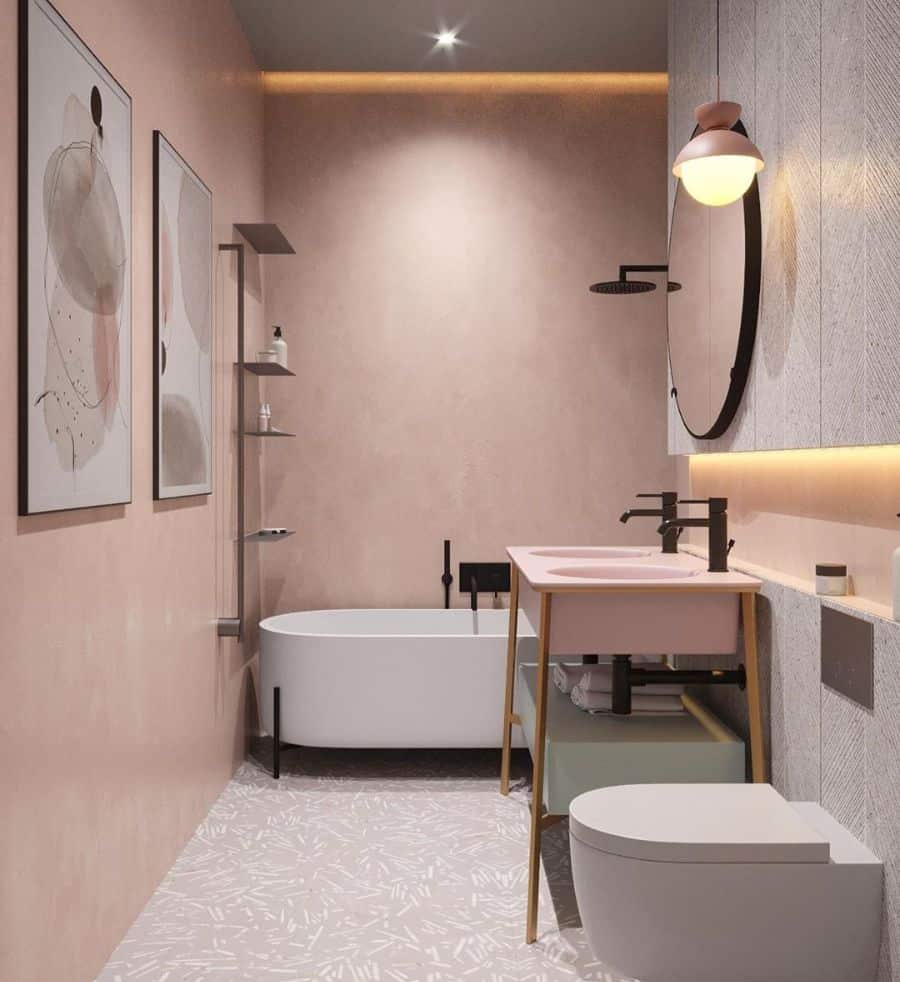 minimalist pink wall bathroom white bath tub dual pink vanity white toilet 