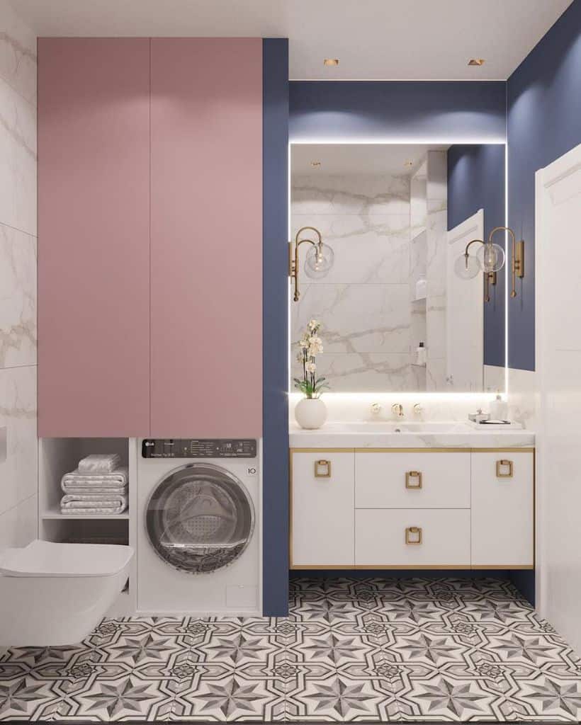 pink and blue bathroom marble wall gold accents washing machine pattern floor tiles