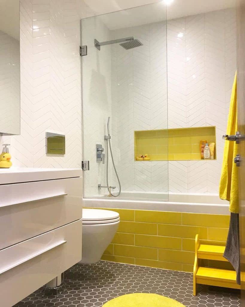 white and yellow shiplap tile bathroom 
