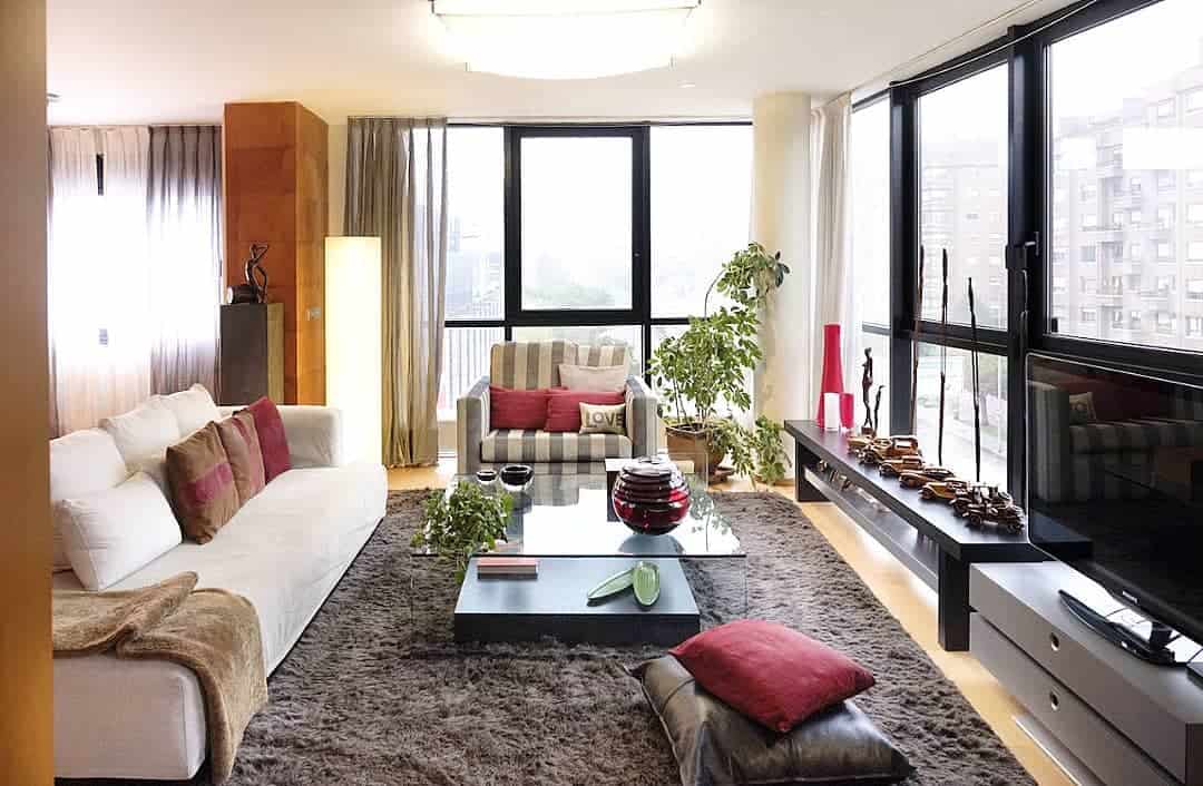 modern apartment living room brown floor rug