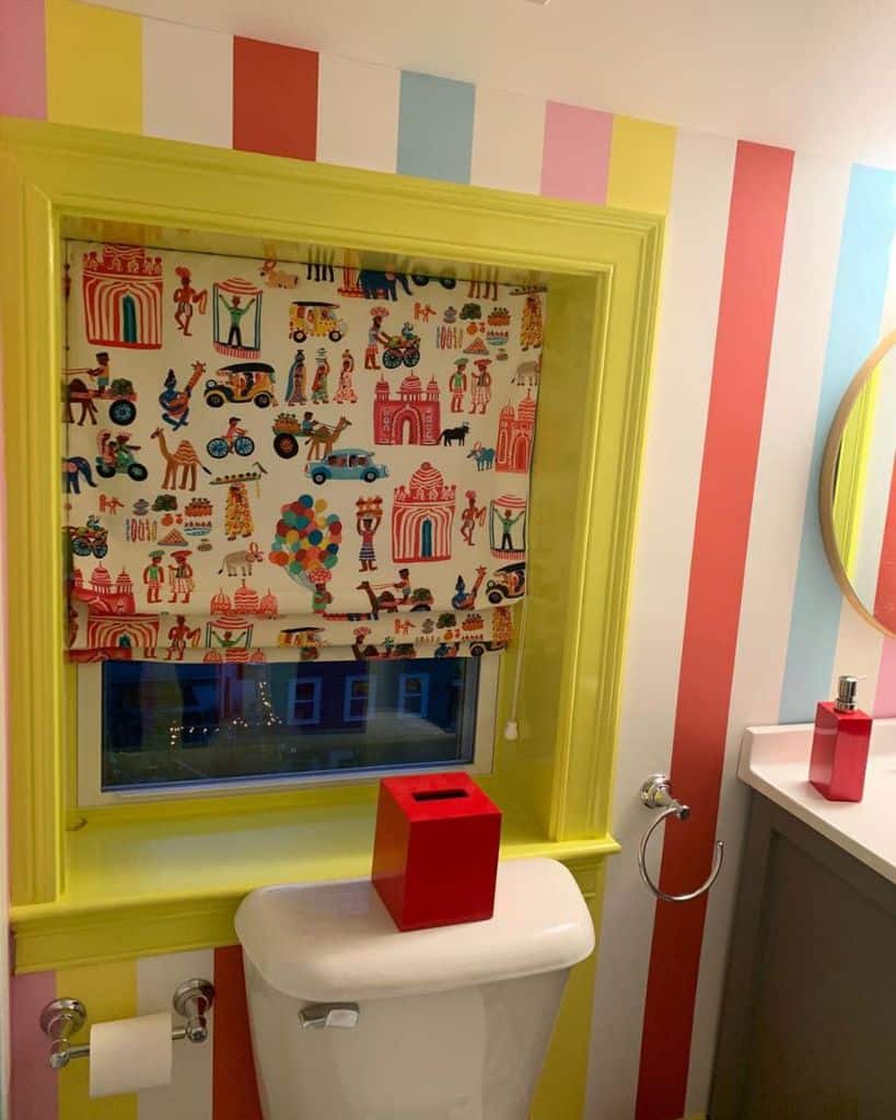 colorful stripe wallpaper kids bathroom 