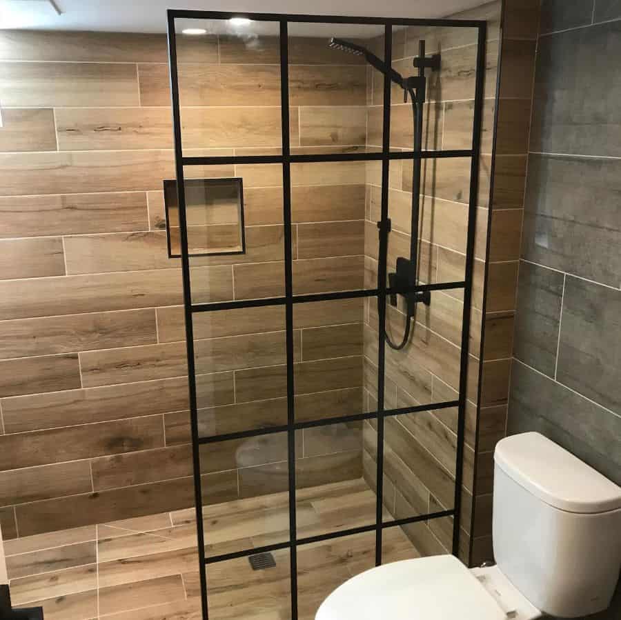 contemporary shower with wood panels