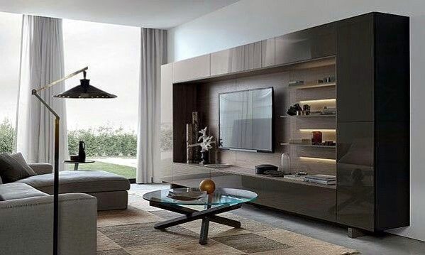 Contemporary Cool Television Wall Design Ideas With Glossy Cabinet Doors And Shelves