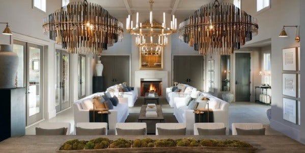 modern luxury living room white sofas dual chandeliers