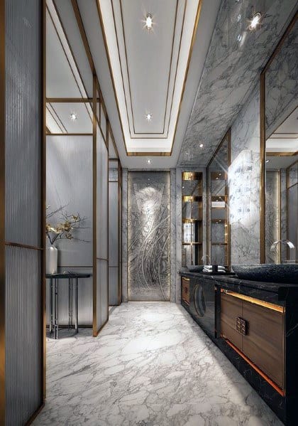 contemporary master bathroom with gold accents 