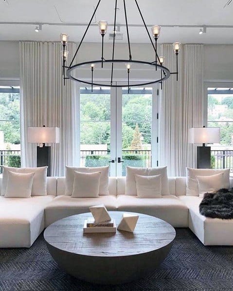 elegant minimal living room white sofa chandelier