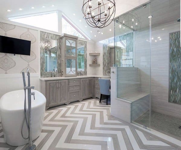 white master bathroom with shower bench 