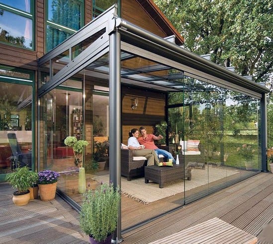 glass sunroom wood decking porch