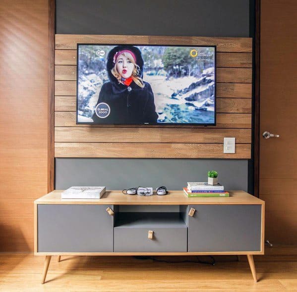 Cool Television Wall With Natural Wood Boards And Grey Tv Stand