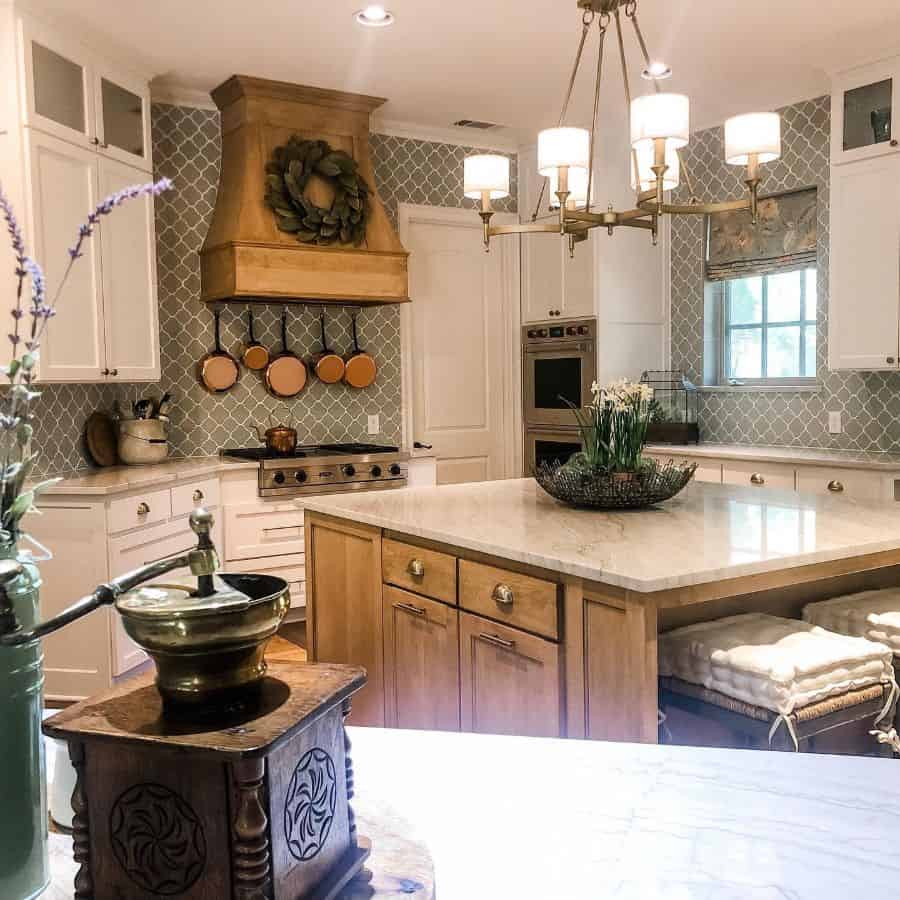 country kitchen pattern wallpaper white cabinets marble countertop